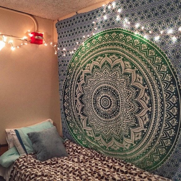 Queen Size Tapestry & Two Bed Pillow Covers SET Green Teal Blue NEW - Picture 6 of 8